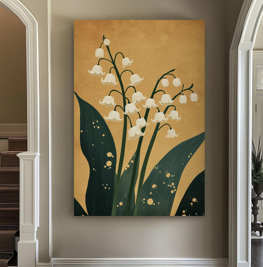 Lily of the Valley Gold Vertical Wall Art Floral, Decor Lillies Canvas Print, Still Life Big Canvas Art