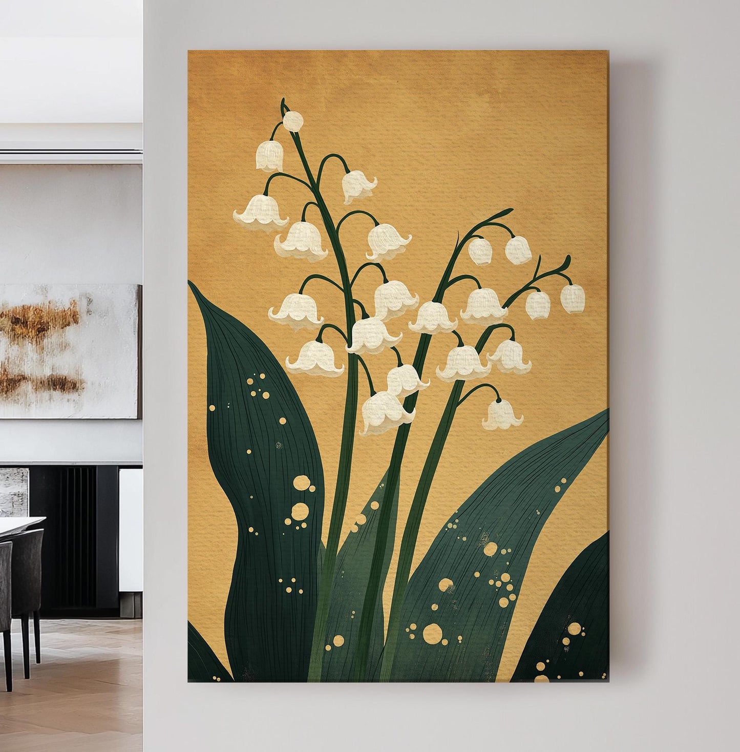Lily of the Valley Gold Vertical Wall Art Floral, Decor Lillies Canvas Print, Still Life Big Canvas Art