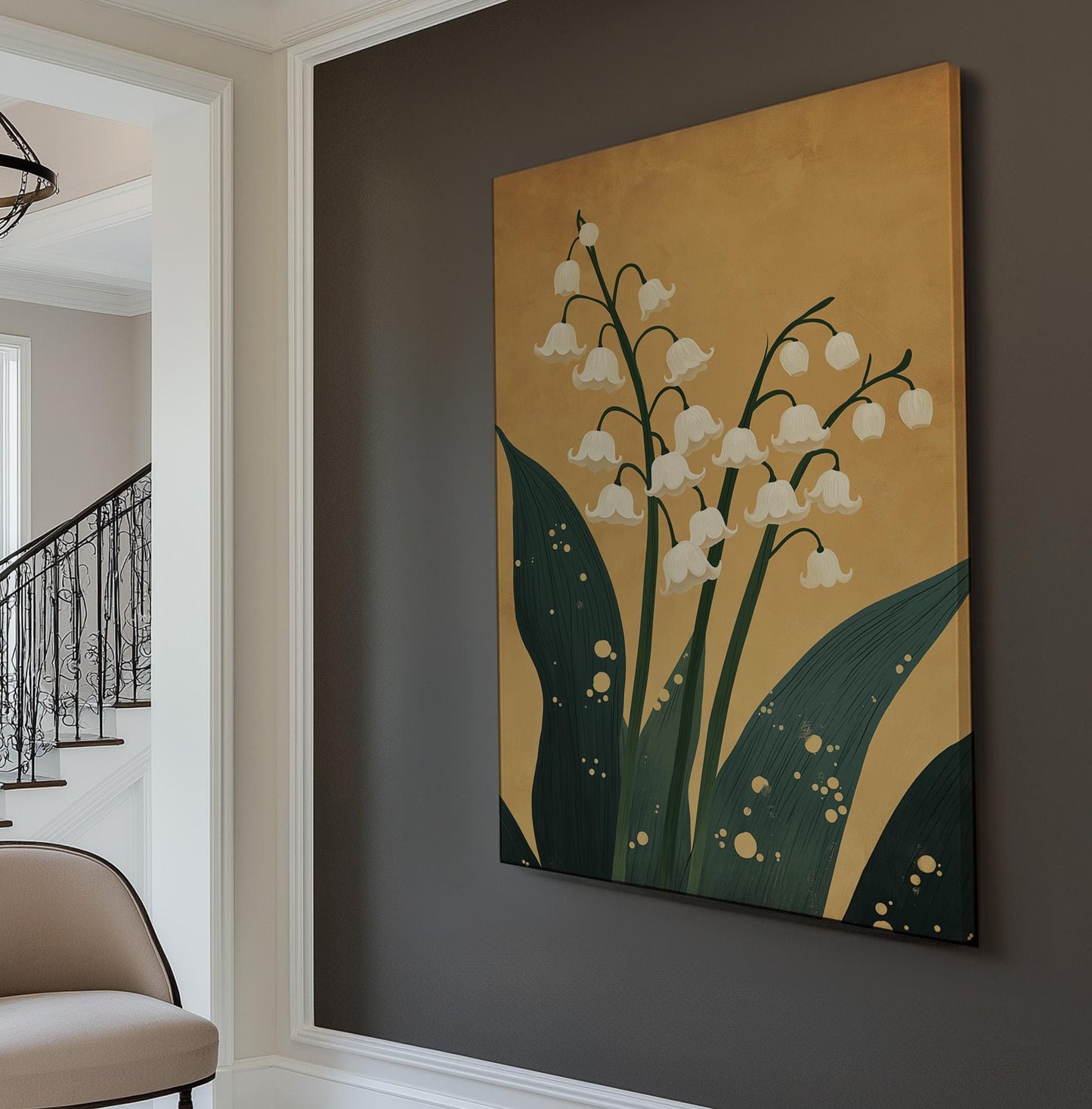 Lily of the Valley Gold Vertical Wall Art Floral, Decor Lillies Canvas Print, Still Life Big Canvas Art