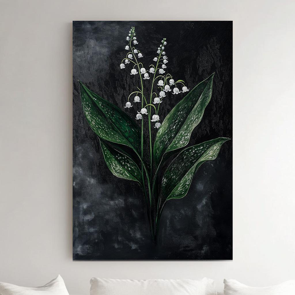 Lily of the Valley Black Vertical Wall Art Floral, Decor Lillies Canvas Print, Still Life Big Canvas Art