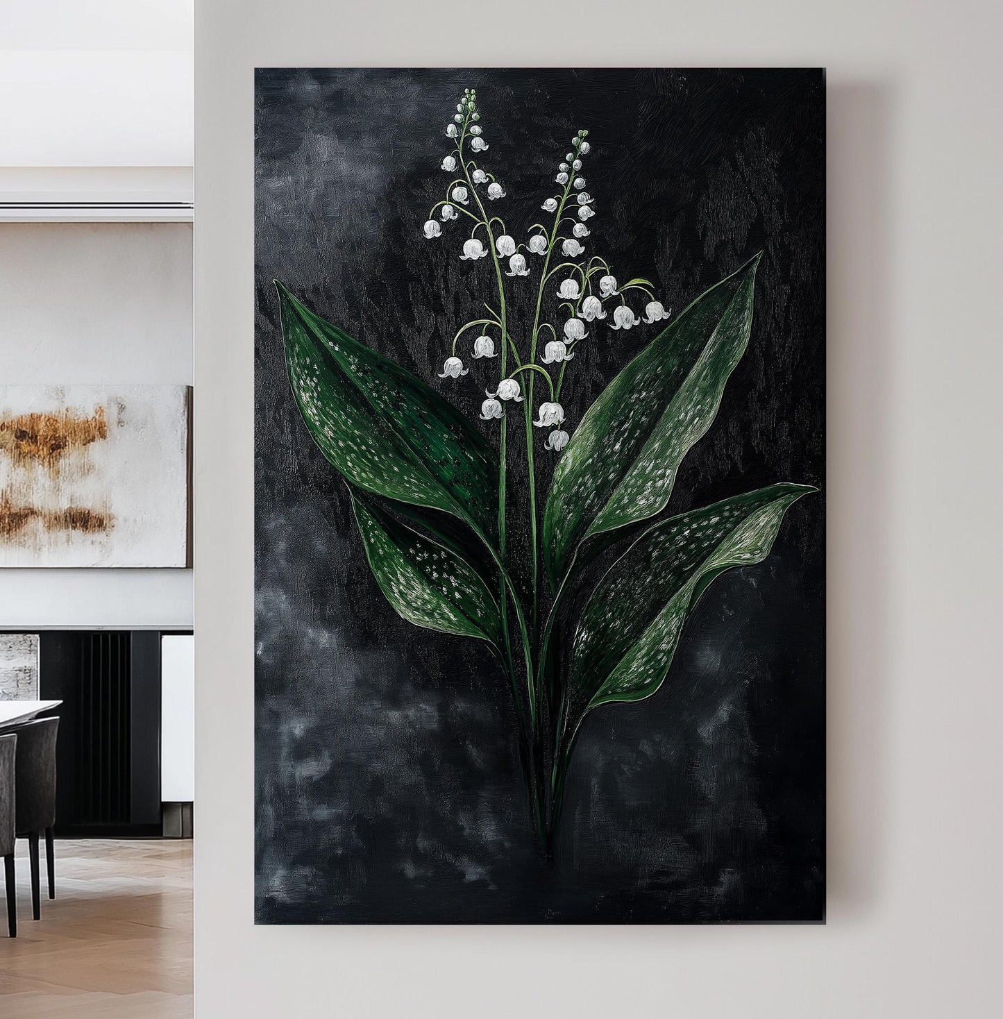 Lily of the Valley Black Vertical Wall Art Floral, Decor Lillies Canvas Print, Still Life Big Canvas Art