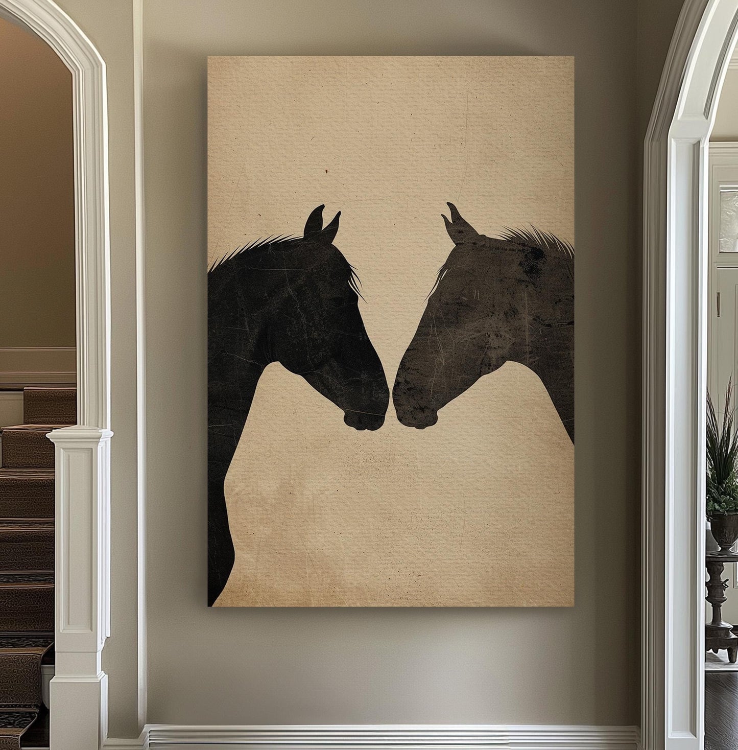Horse Couple Vertical Wall Art Farmhouse, Decor Animal Canvas Print, Horse Farm Big Canvas Art