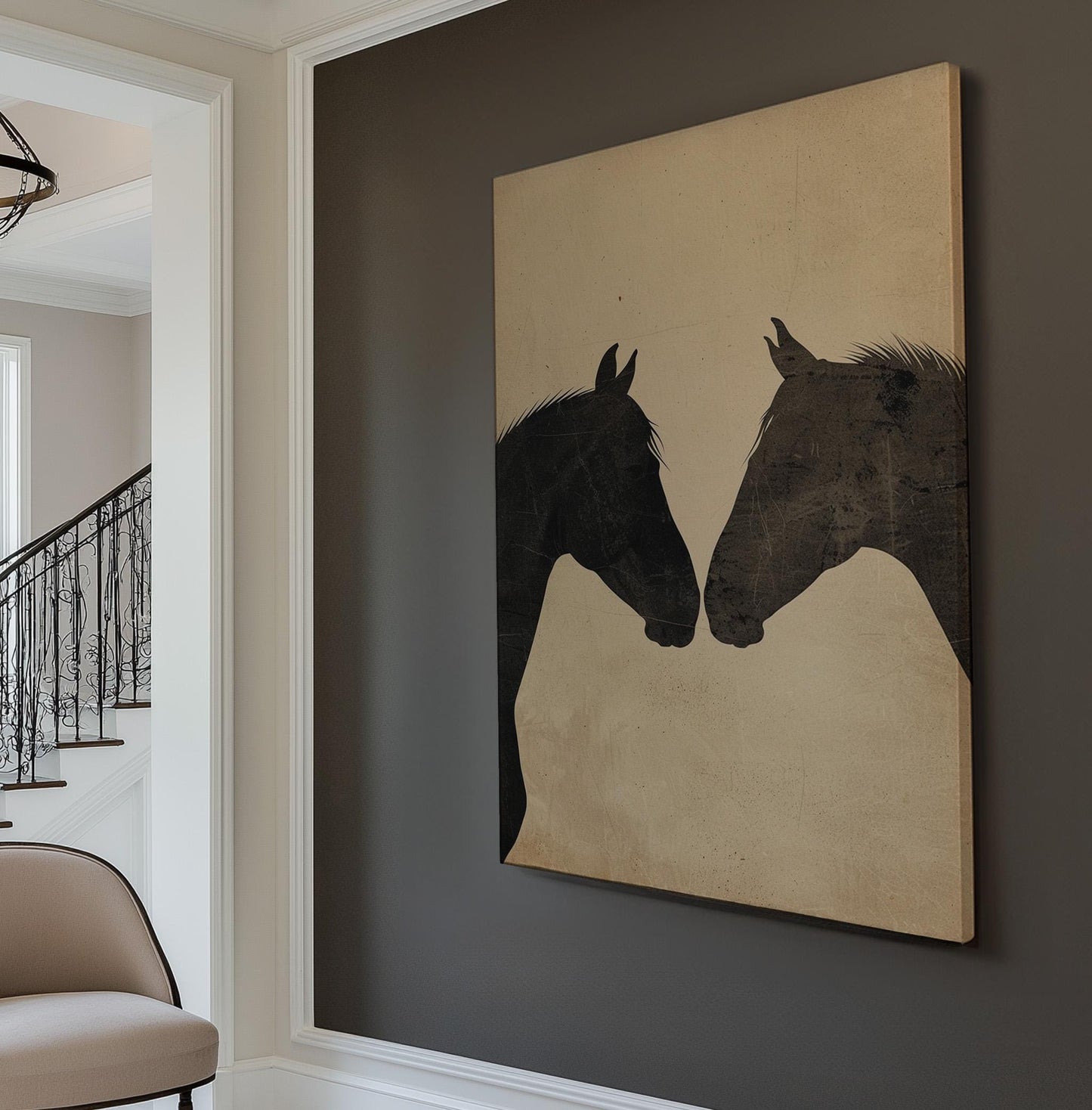 Horse Couple Vertical Wall Art Farmhouse, Decor Animal Canvas Print, Horse Farm Big Canvas Art