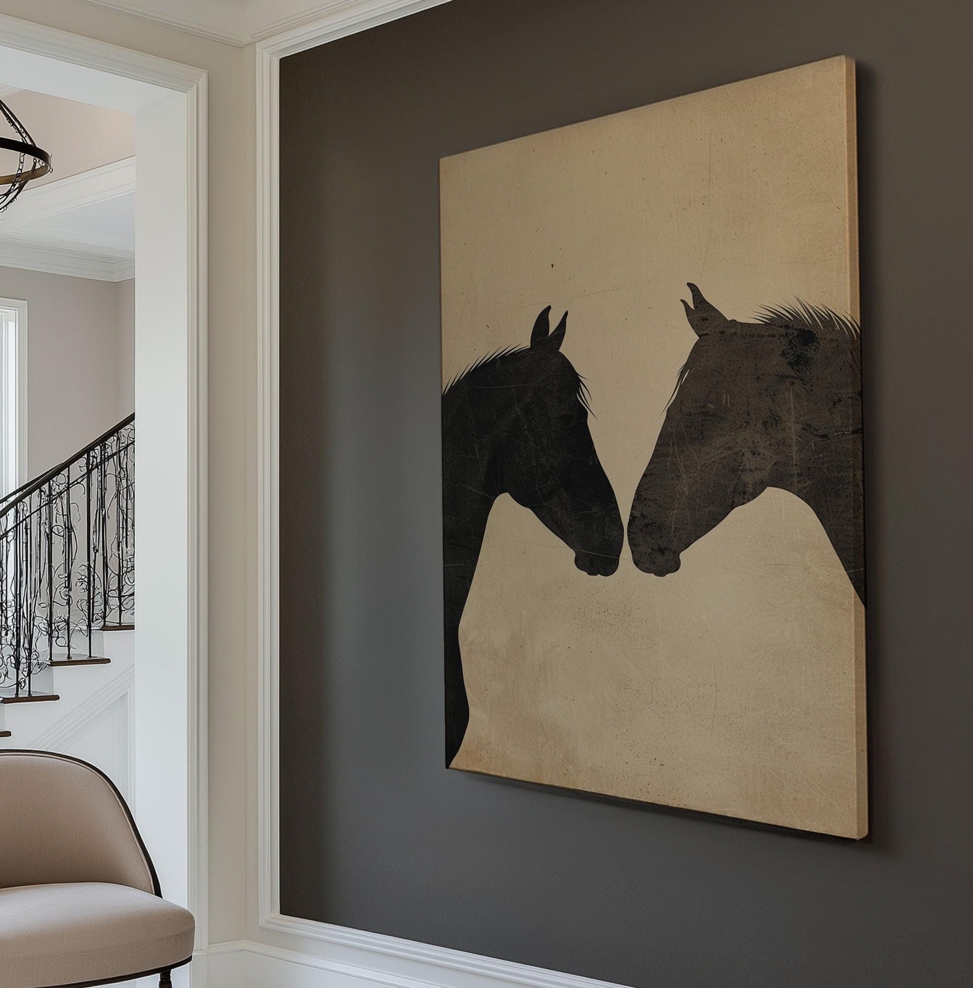 Horse Couple Vertical Wall Art Farmhouse, Decor Animal Canvas Print, Horse Farm Big Canvas Art