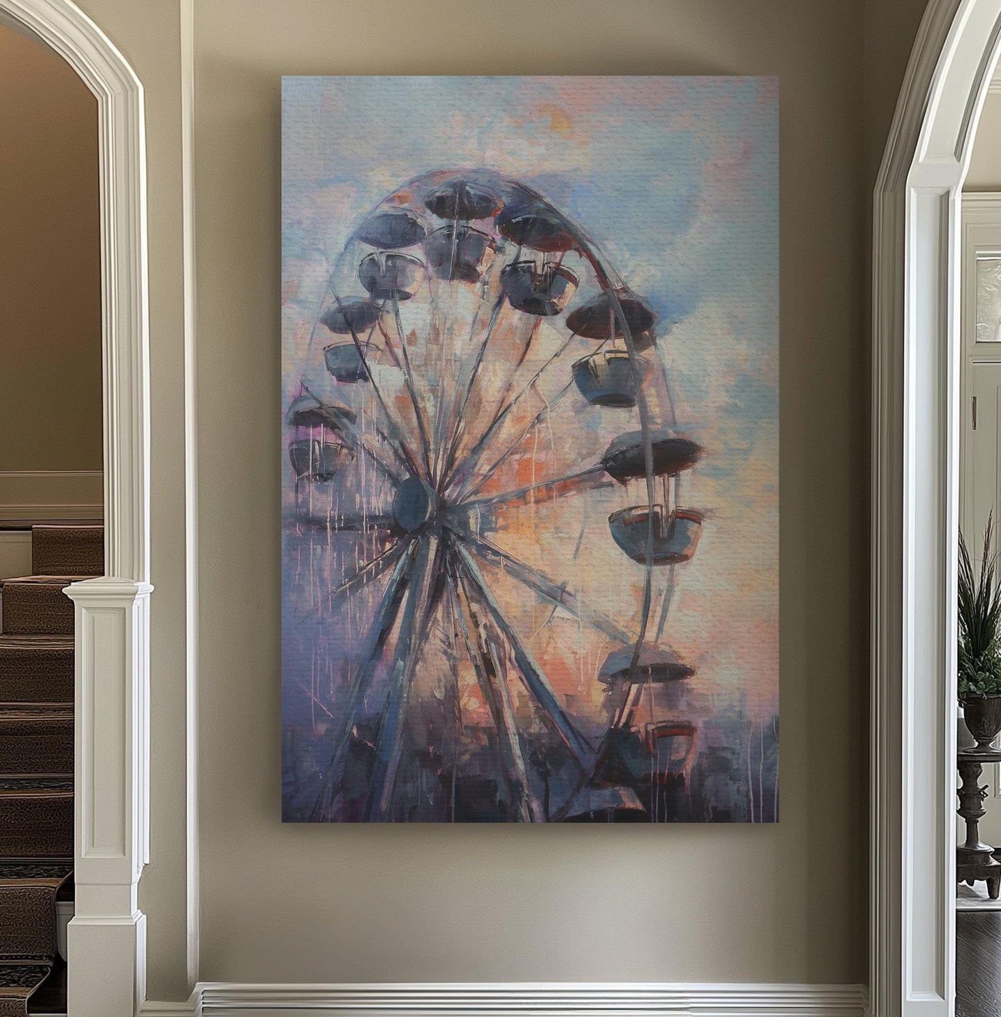 Ferris Wheel At Sunset Vertical Wall Art Whimsical, Decor Amusement Park Canvas Print, Rustic Americana Big Canvas Art