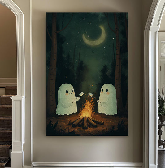 Cute Halloween Ghosts With Marshmallow Vertical Wall Art Spooky, Decor Dark Academia Canvas Print, Whimsical Big Canvas Art
