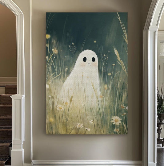 Cute Ghost In The Field Vertical Wall Art Cottage Fall, Decor Cozy Autumn Canvas Print, Rustic Fall Big Canvas Art