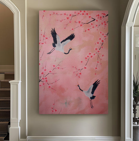 Cherry Blossom With Cranes Vertical Wall Art Sakura Tree, Decor Japanese Canvas Print, Vintage Oil Big Canvas Art