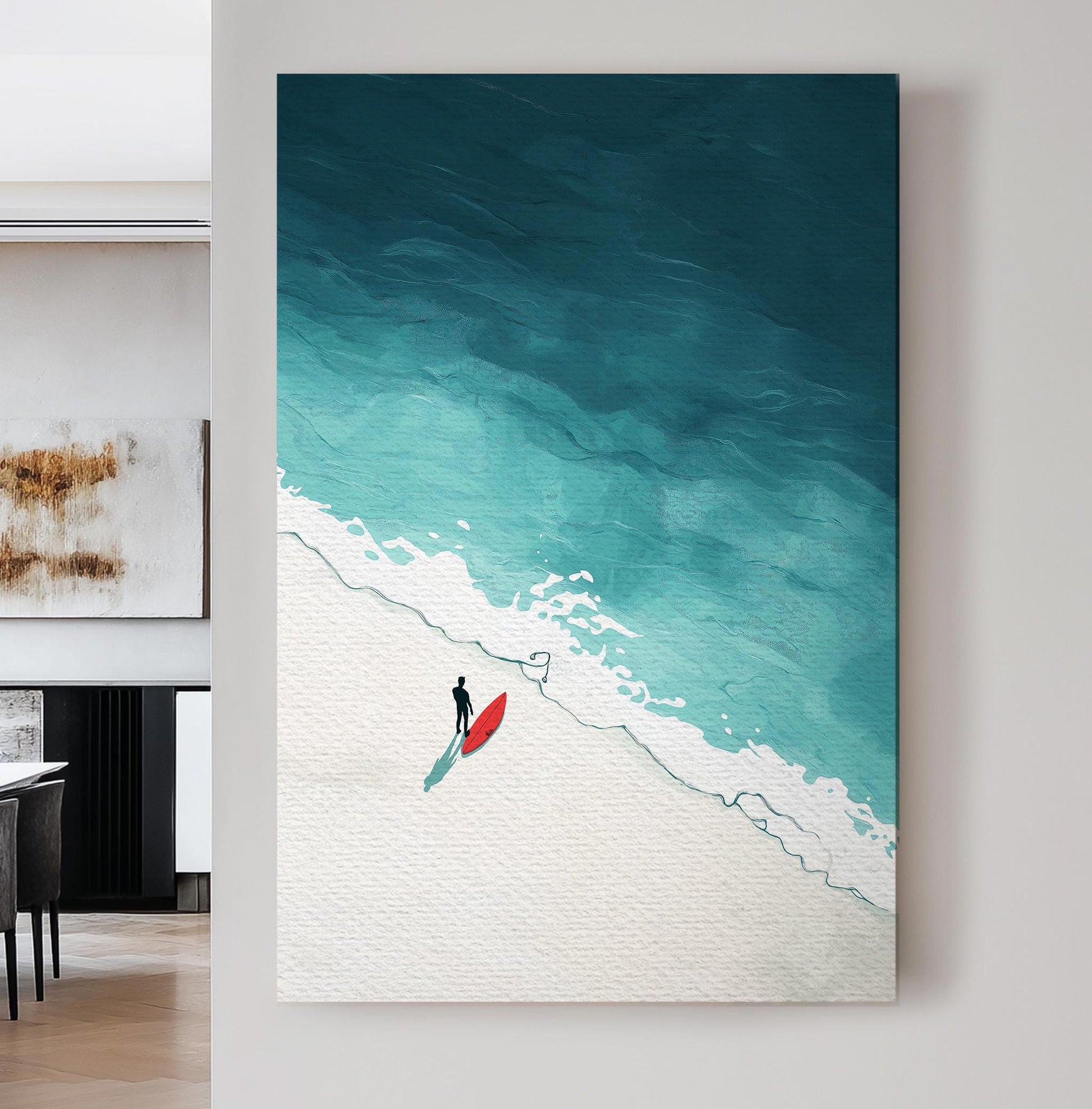 Surfing Alone Vertical Wall Art Surfboard, Decor Beach Vibe Canvas Print, Coastal Big Canvas Art