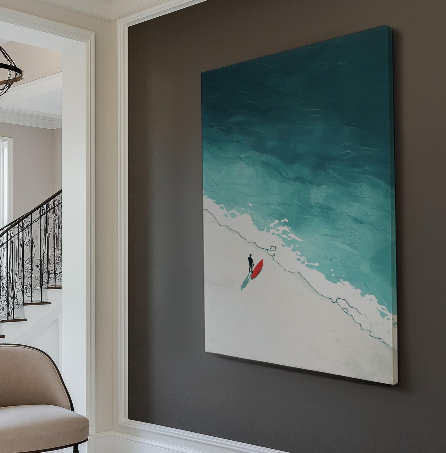 Surfing Alone Vertical Wall Art Surfboard, Decor Beach Vibe Canvas Print, Coastal Big Canvas Art