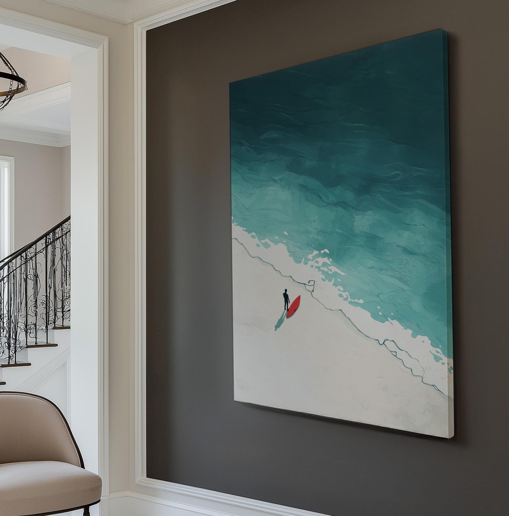 Surfing Alone Vertical Wall Art Surfboard, Decor Beach Vibe Canvas Print, Coastal Big Canvas Art