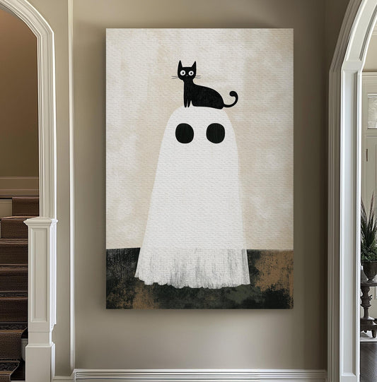 Spooky Halloween Ghost With A Black Cat Vertical Wall Art Spooky, Decor Dark Academia Canvas Print, Whimsical Big Canvas Art