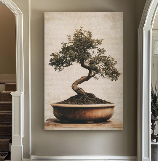 Bonsai Still Life Vertical Wall Art Japanese, Decor Botanical Canvas Print, Muted Colors Sephia Big Canvas Art