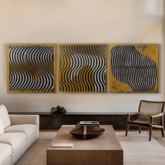 Line Art Wabi Sabi Triple Canvas Wall Art Yellow, Huge Abstract Japandi Canvas Print, Neutral Decor Canvas Art