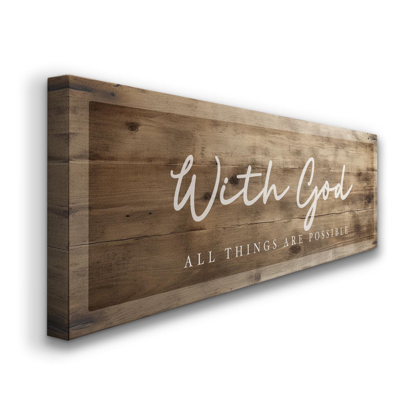 With God All Things Are Possible Above Bed Wall Art Religious, Panoramic Faith Canvas Print, Wood Texture Decor Canvas Art
