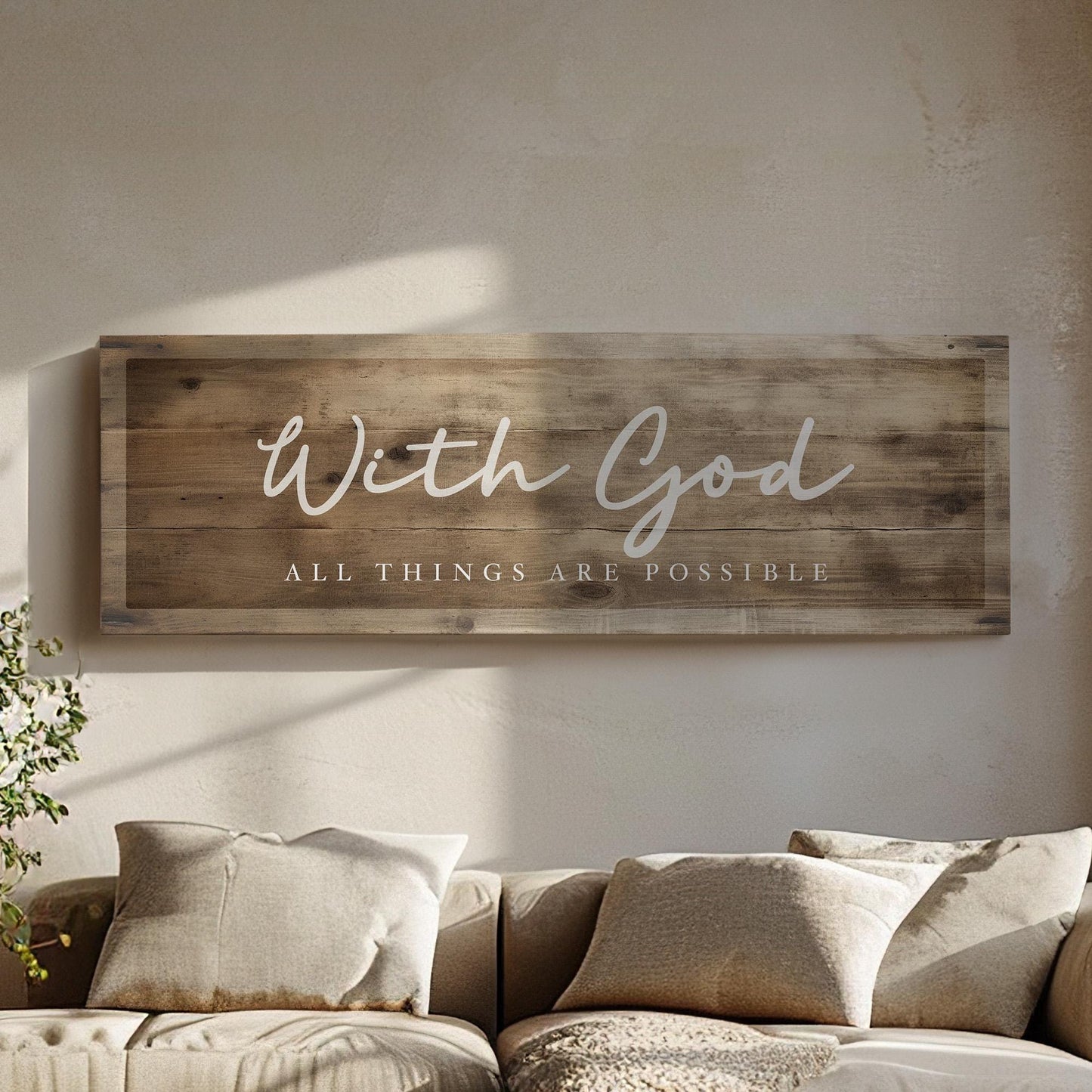 With God All Things Are Possible Above Bed Wall Art Religious, Panoramic Faith Canvas Print, Wood Texture Decor Canvas Art