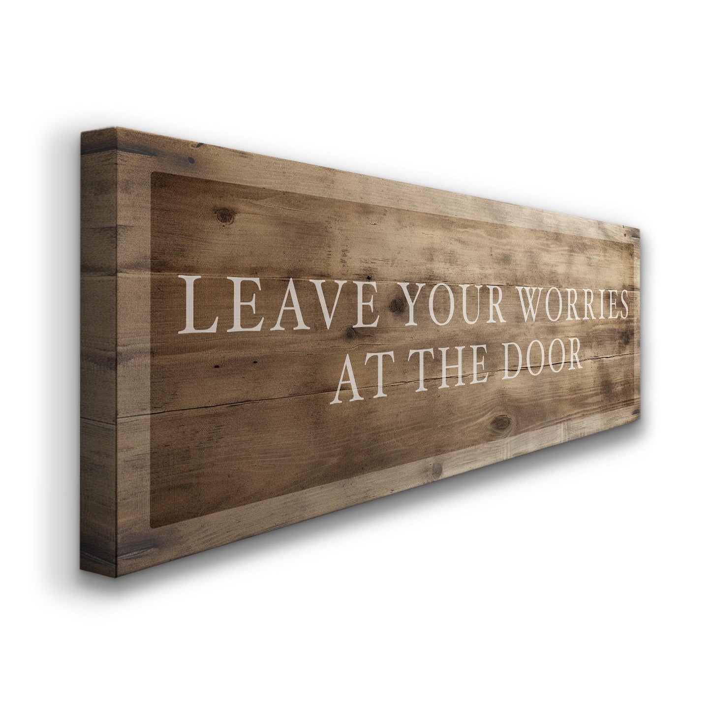 Leave Your Worries At The Door Above Bed Wall Art Religious, Panoramic Entrance Canvas Print, Wood Texture Decor Canvas Art
