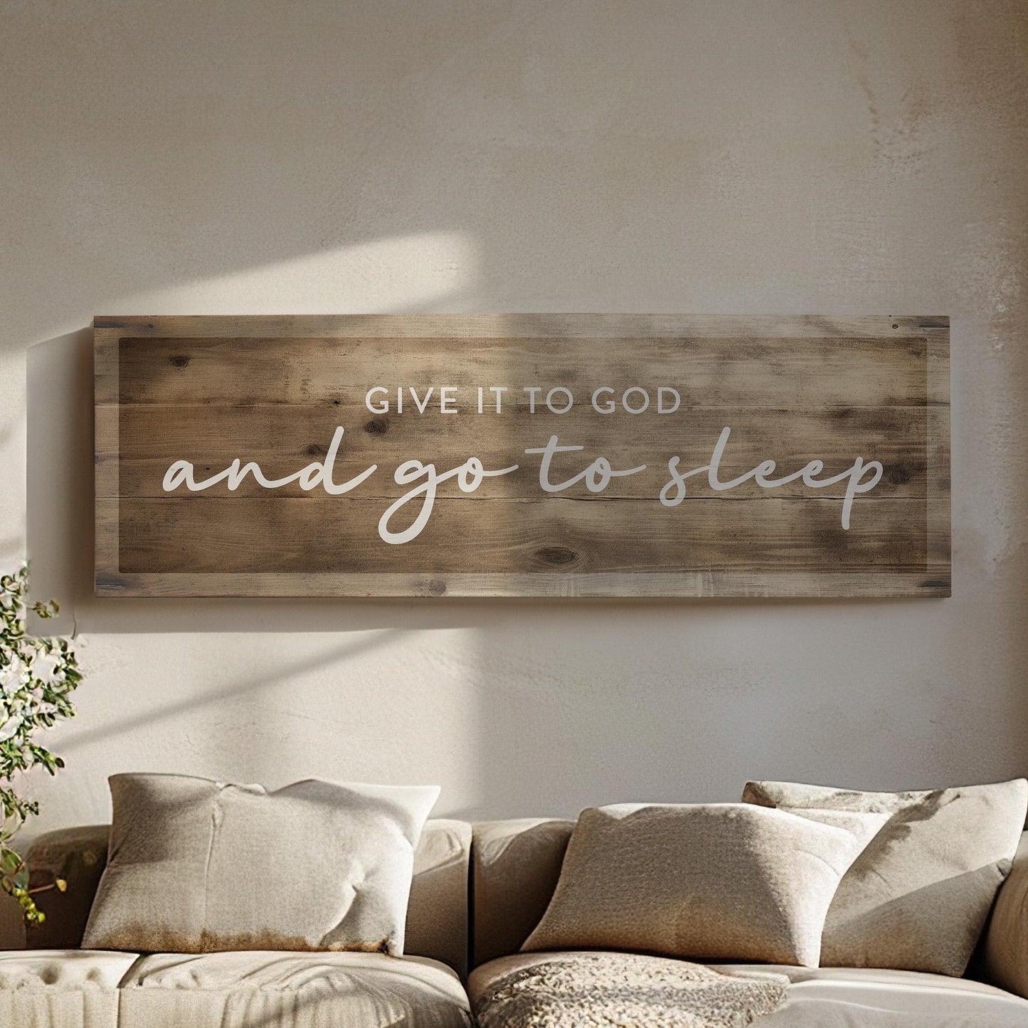 Give It To God And Go To Sleep Above Bed Wall Art Religious, Panoramic Wood Texture Canvas Print, Blessed Decor Canvas Art