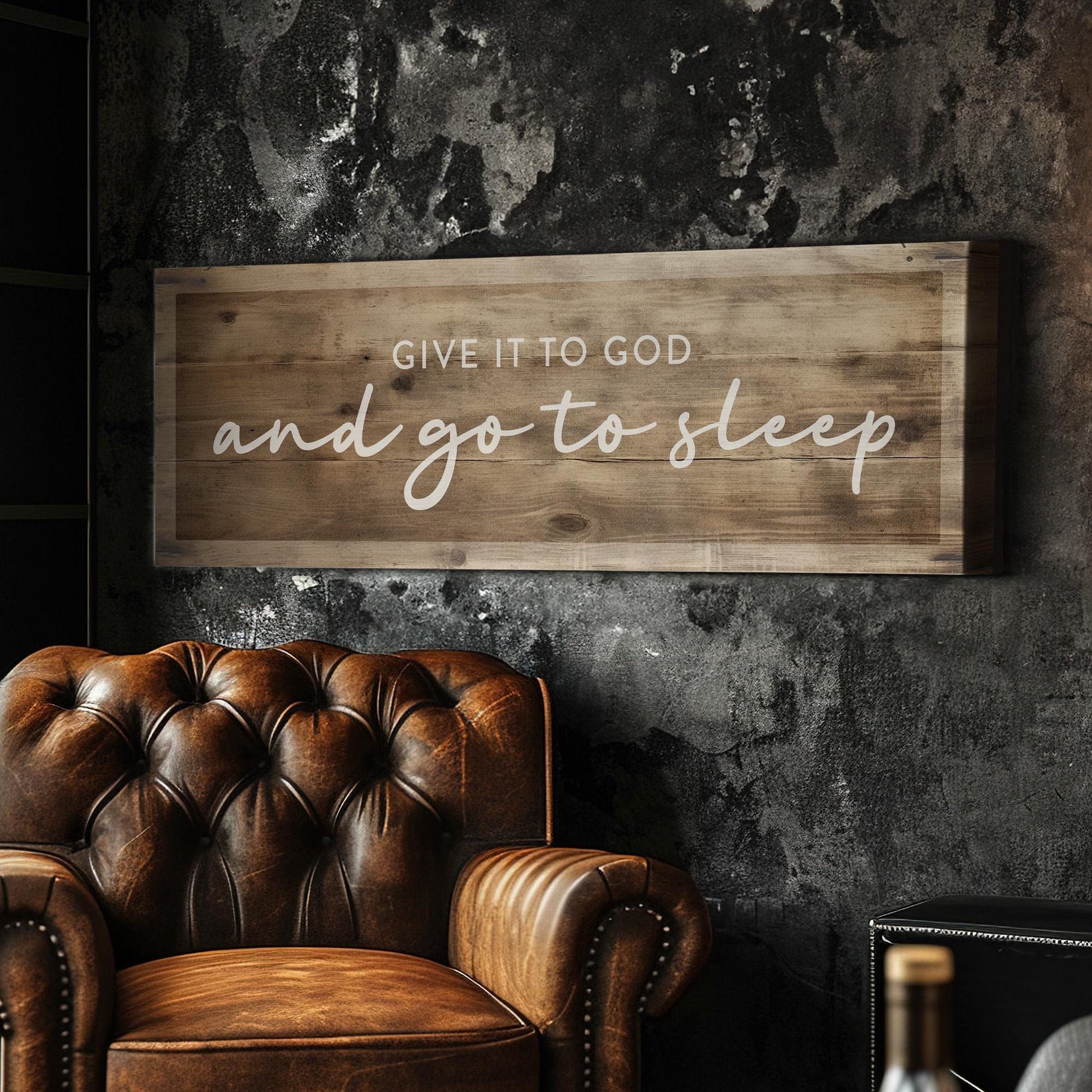 Give It To God And Go To Sleep Above Bed Wall Art Religious, Panoramic Wood Texture Canvas Print, Blessed Decor Canvas Art