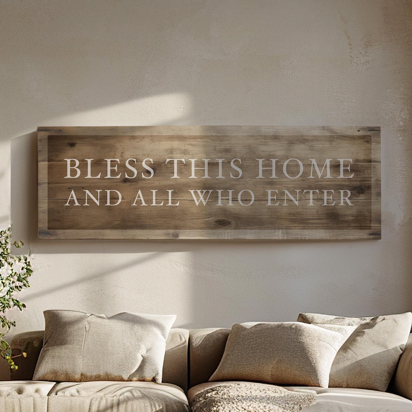 Bless This Home And All Who Enter Above Bed Wall Art Religious, Panoramic Wood Texture Canvas Print, Blessed Decor Canvas Art