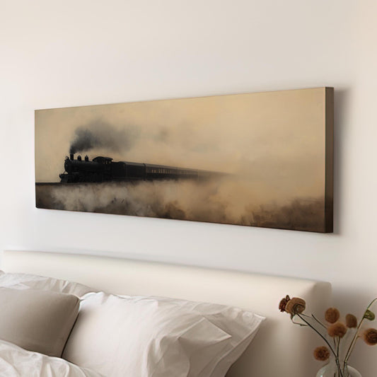 Train In The Fog Panoramic Wall Art Locomotive, Panorama Railroad Canvas Print, Vintage Decor Canvas Art