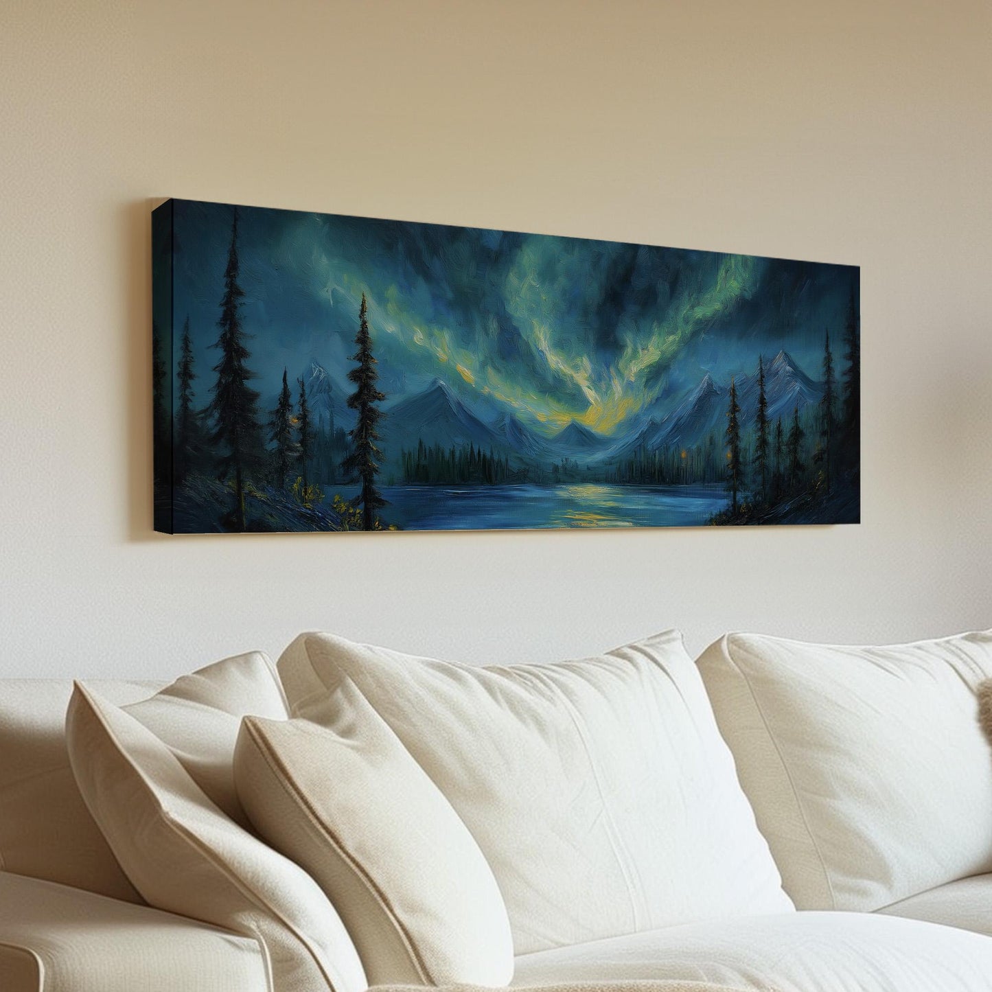 Swirling Clouds Panoramic Wall Art Northern Lights, Panorama Starry Sky Canvas Print, Aurora Borealis Decor Canvas Art