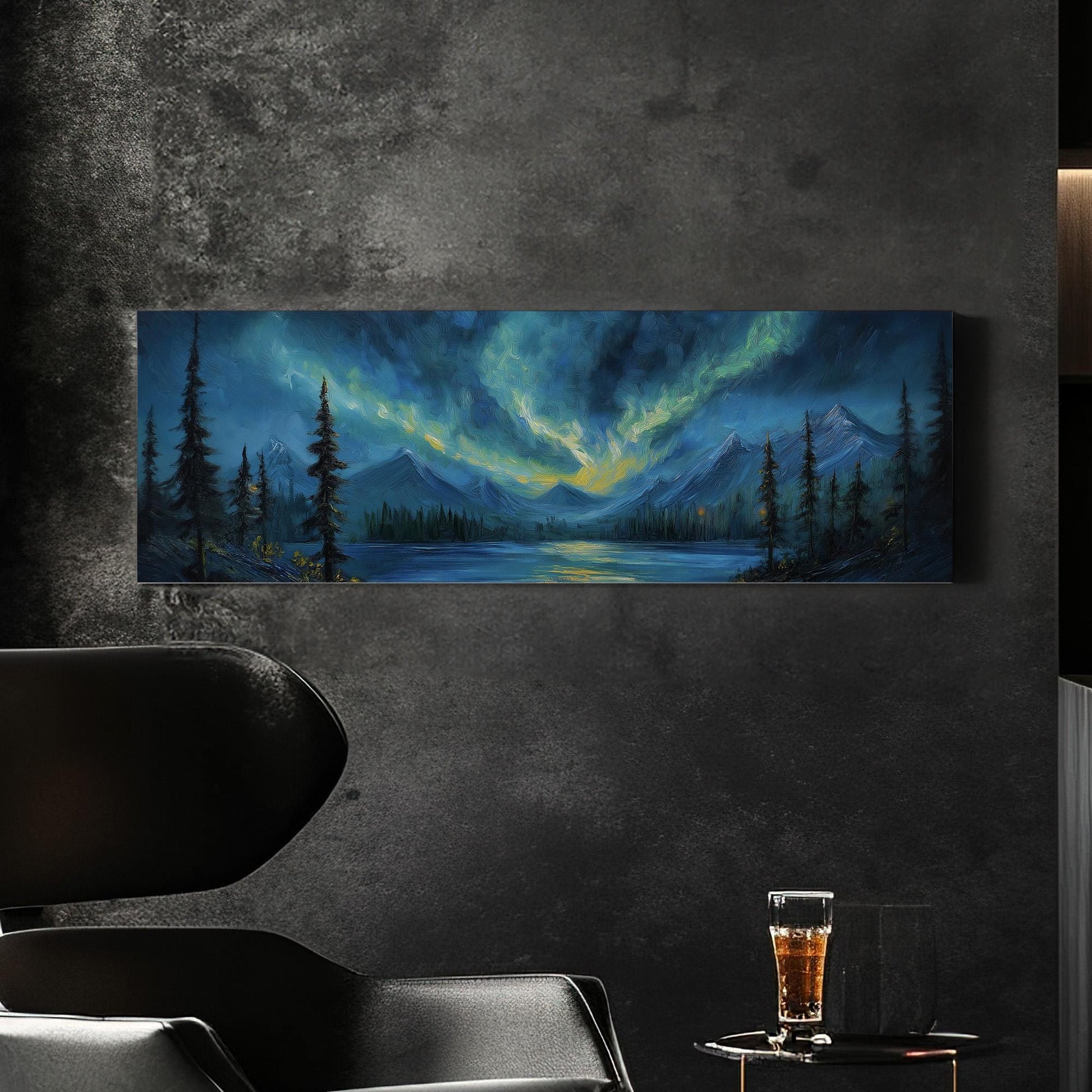 Swirling Clouds Panoramic Wall Art Northern Lights, Panorama Starry Sky Canvas Print, Aurora Borealis Decor Canvas Art
