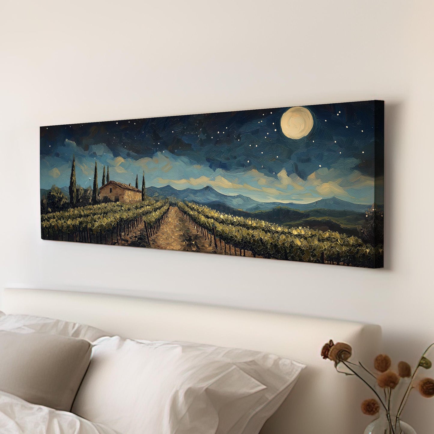 Starry Sky Above The Vineyard Panoramic Wall Art Tuscany, Panorama Tuscan Village Canvas Print, Italian Countryside Decor Canvas Art