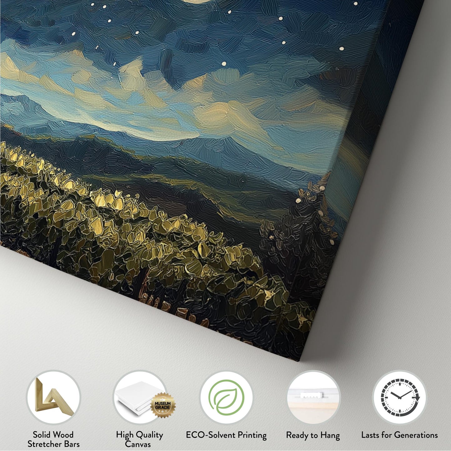 Starry Sky Above The Vineyard Panoramic Wall Art Tuscany, Panorama Tuscan Village Canvas Print, Italian Countryside Decor Canvas Art