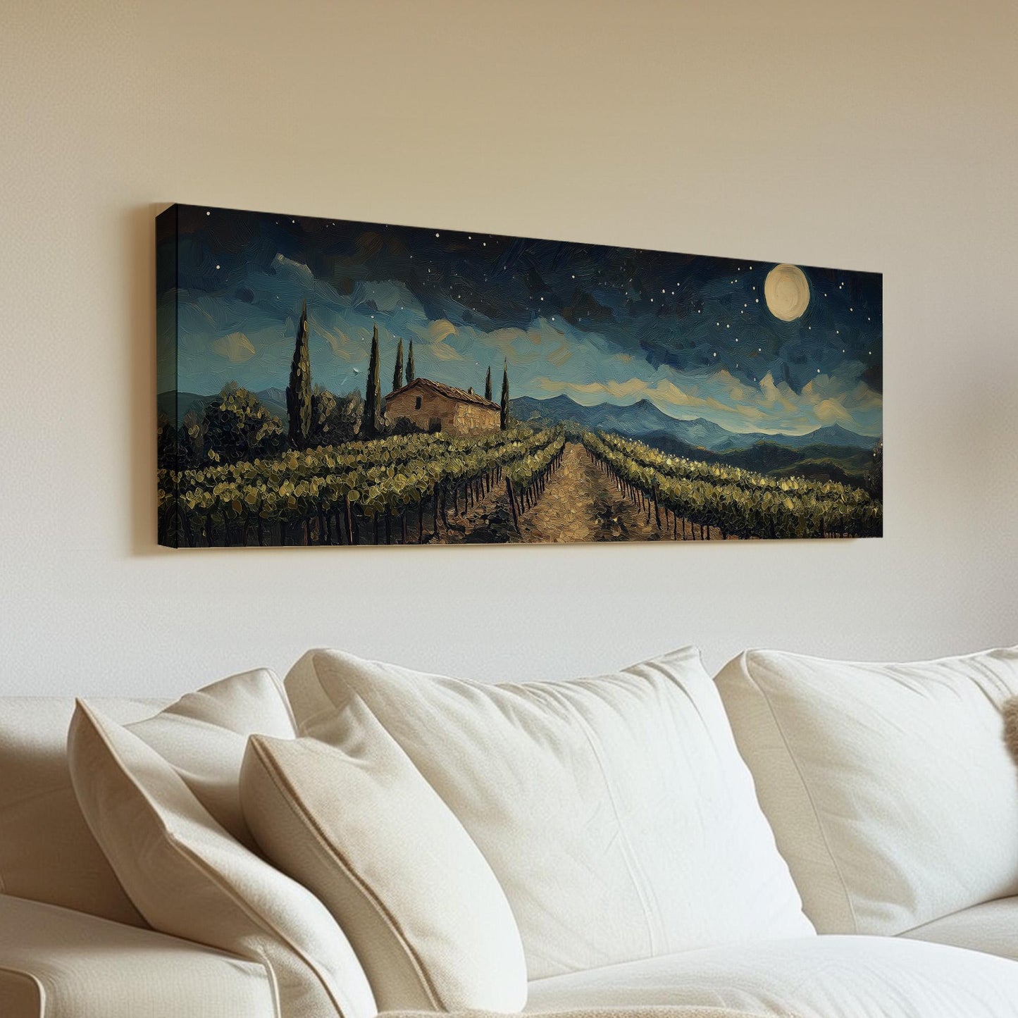 Starry Sky Above The Vineyard Panoramic Wall Art Tuscany, Panorama Tuscan Village Canvas Print, Italian Countryside Decor Canvas Art