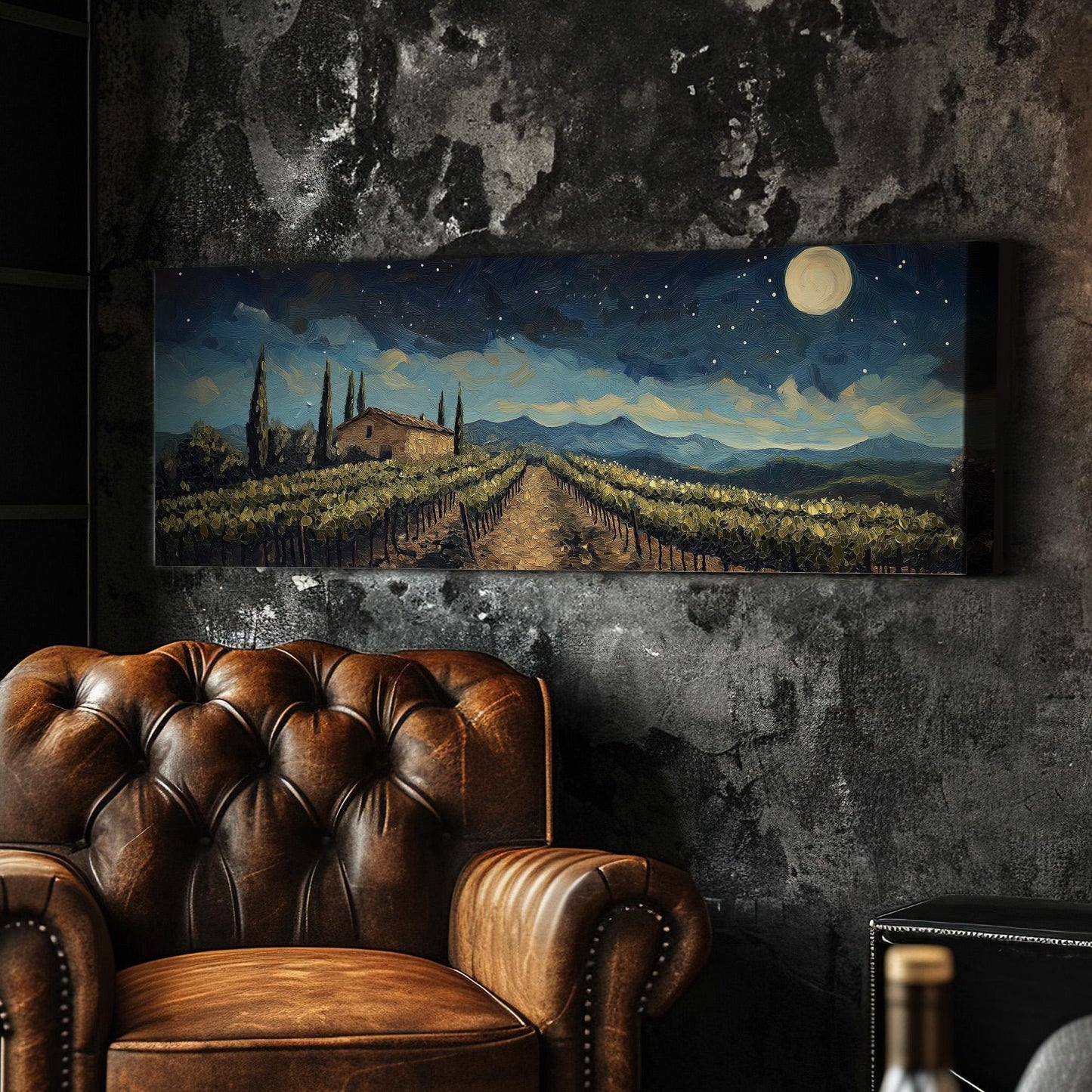 Starry Sky Above The Vineyard Panoramic Wall Art Tuscany, Panorama Tuscan Village Canvas Print, Italian Countryside Decor Canvas Art