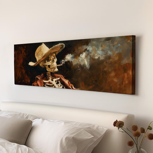 Smoking Cowboy Skeleton Panoramic Wall Art Farmhouse, Panorama Southwestern Canvas Print, Howdy Decor Canvas Art