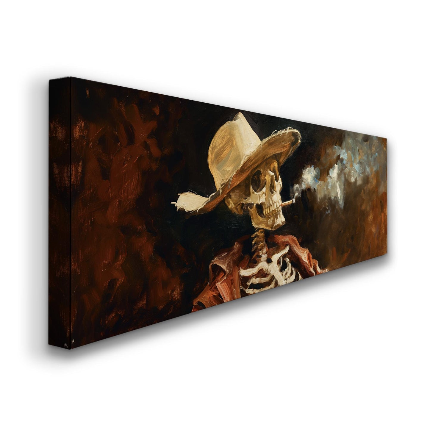 Smoking Cowboy Skeleton Panoramic Wall Art Farmhouse, Panorama Southwestern Canvas Print, Howdy Decor Canvas Art