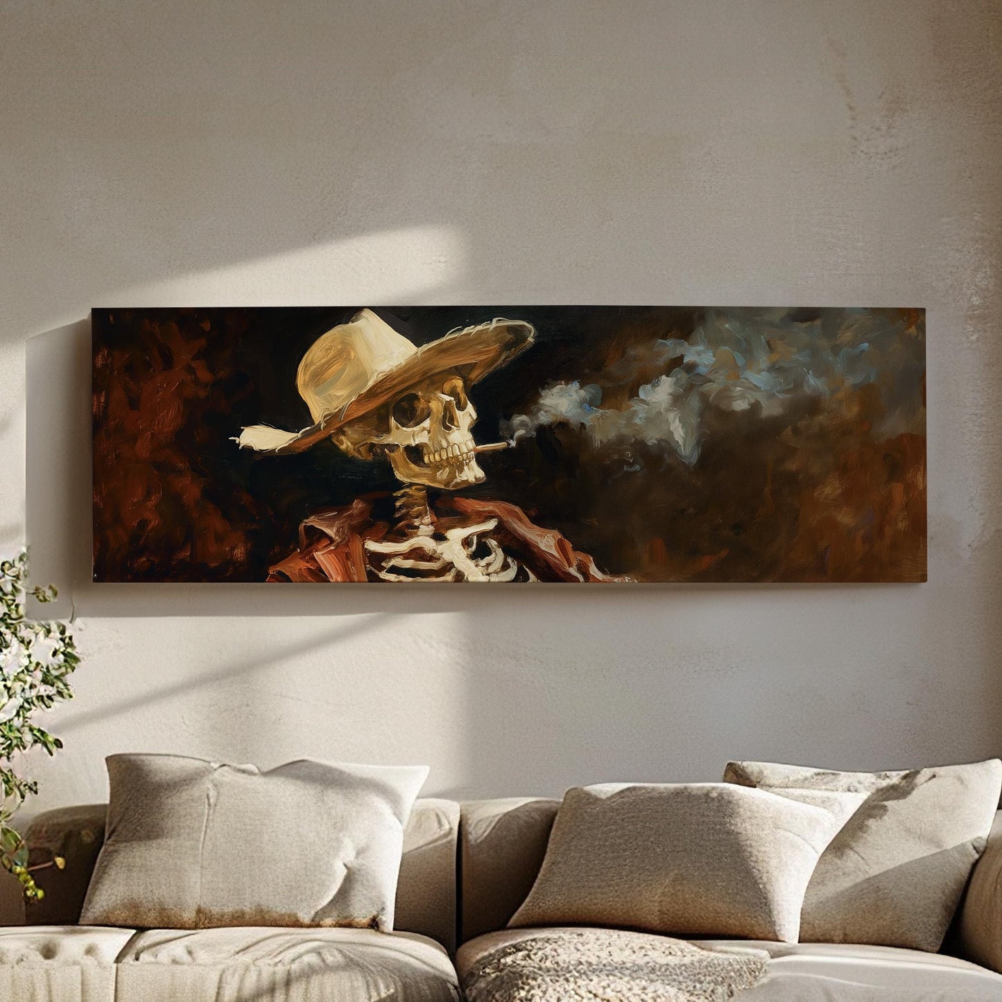 Smoking Cowboy Skeleton Panoramic Wall Art Farmhouse, Panorama Southwestern Canvas Print, Howdy Decor Canvas Art