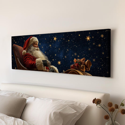 Santa Sleigh Panoramic Wall Art Christmas, Panorama Winter Canvas Print, Farmhouse Decor Canvas Art