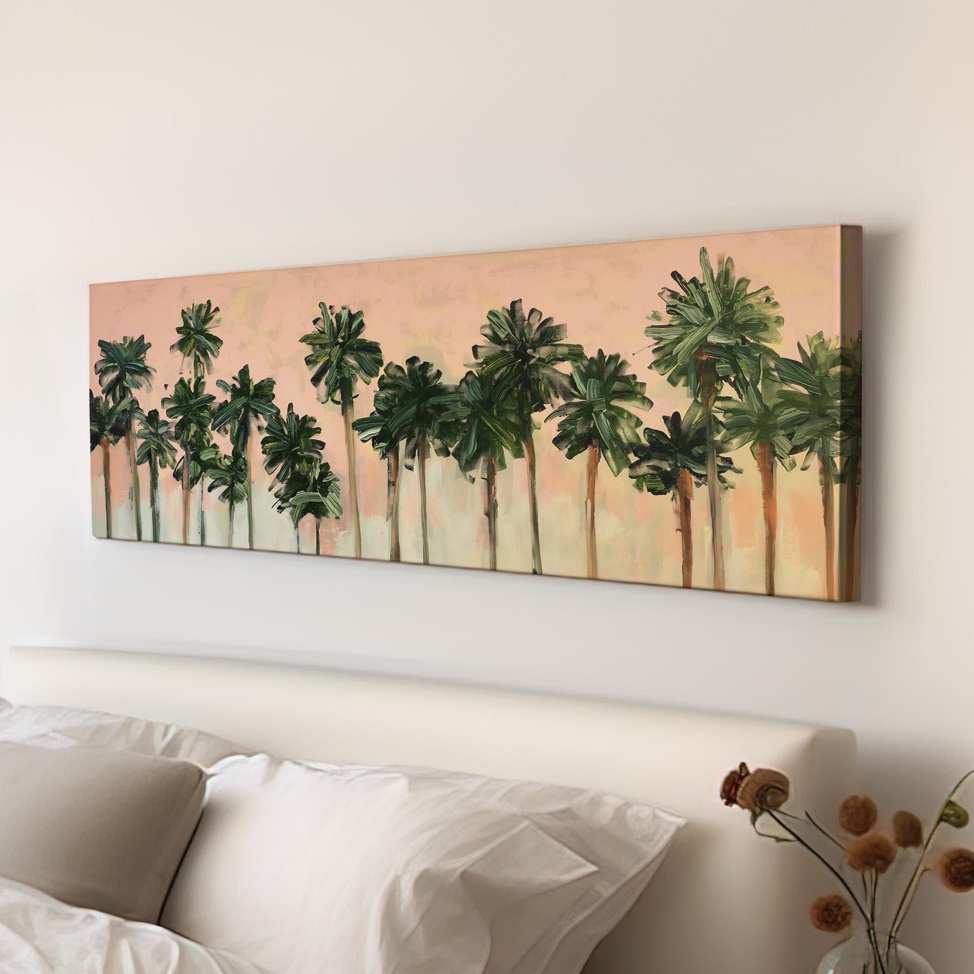 Florida Palm Tree Acrylic Panoramic Wall Art Knife Technique, Panorama Tropical Canvas Print, Summer Pastel Decor Canvas Art