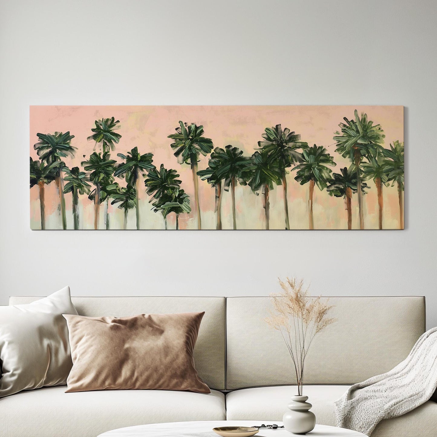 Florida Palm Tree Acrylic Panoramic Wall Art Knife Technique, Panorama Tropical Canvas Print, Summer Pastel Decor Canvas Art