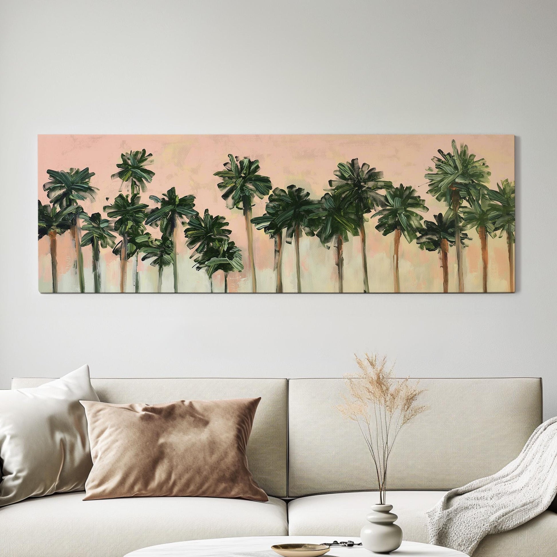 Florida Palm Tree Acrylic Panoramic Wall Art Knife Technique, Panorama Tropical Canvas Print, Summer Pastel Decor Canvas Art