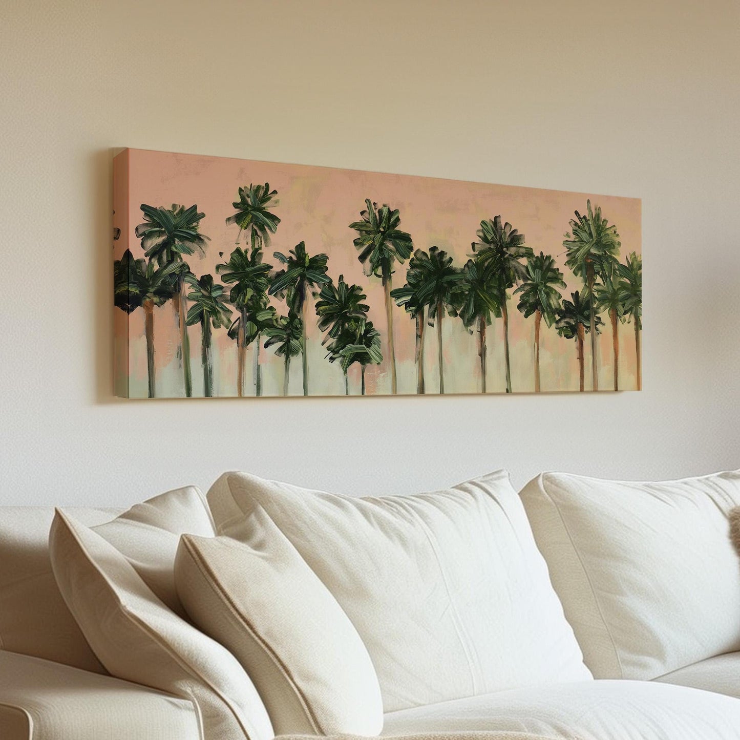 Florida Palm Tree Acrylic Panoramic Wall Art Knife Technique, Panorama Tropical Canvas Print, Summer Pastel Decor Canvas Art