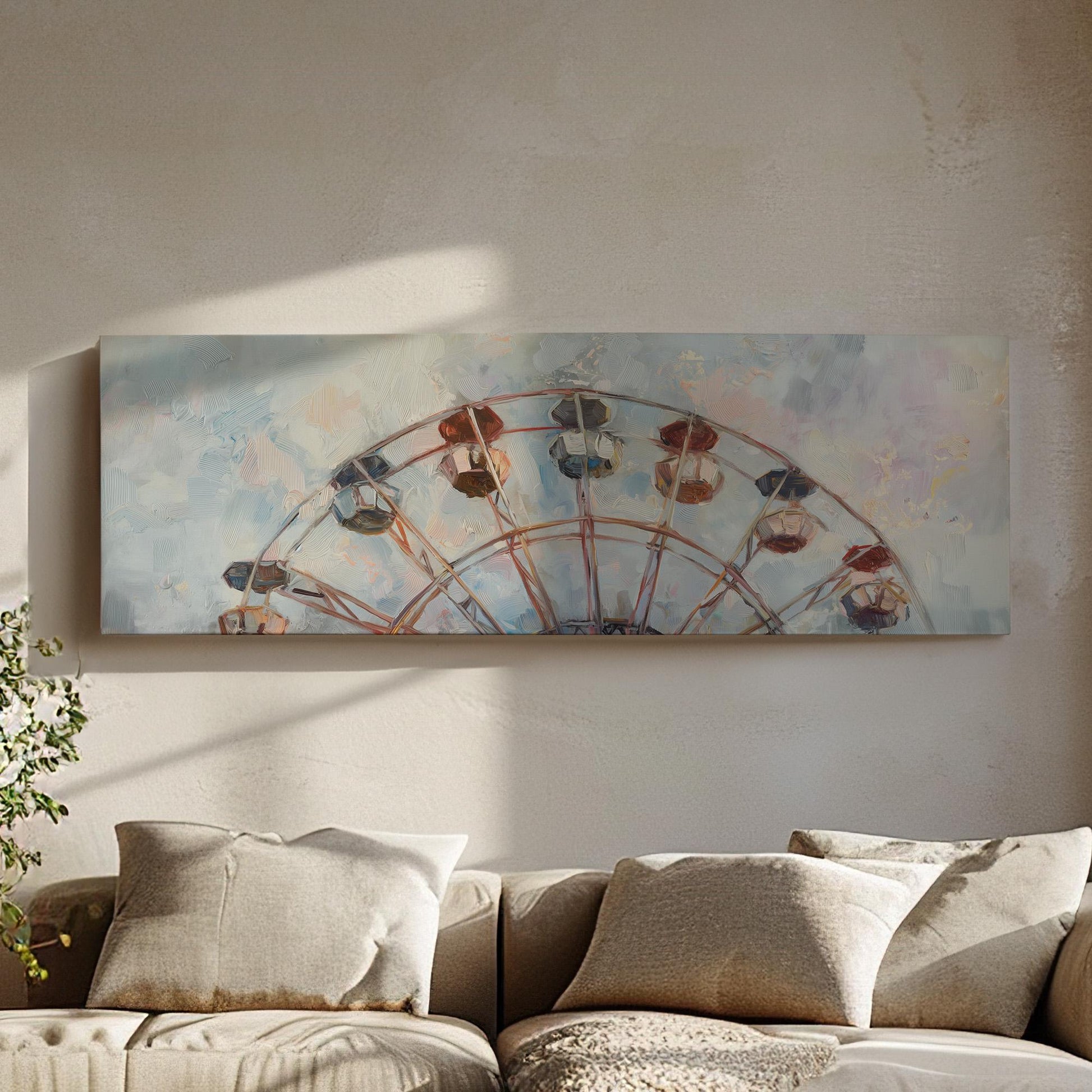 Ferris Wheel Muted Oil Panoramic Wall Art Whimsical, Panorama Amusement Park Canvas Print, Rustic Americana Decor Canvas Art
