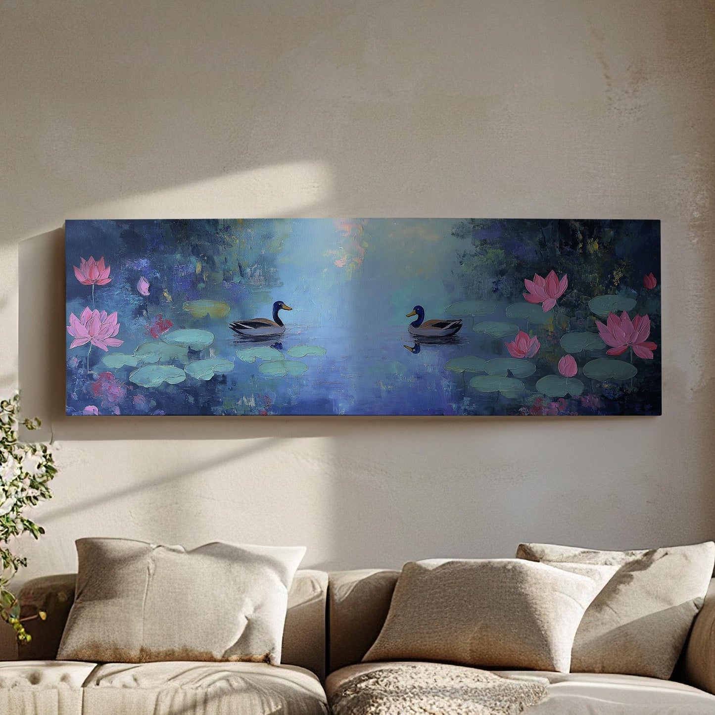 Ducks at the Lotus Lake Panoramic Wall Art Lake Scene, Panorama Quiet Pond Canvas Print, Tranquil Decor Canvas Art