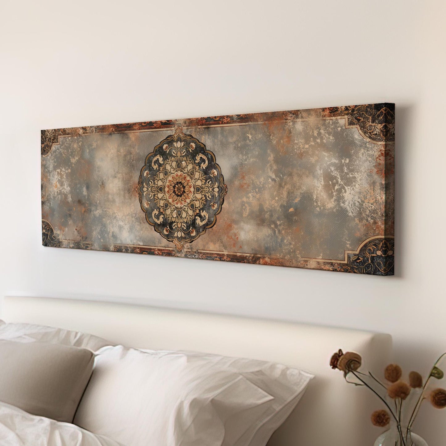 Distressed Tapestry Panoramic Wall Art for Above Bed, Panorama Moroccan Canvas Print, Boho Textile Decor Canvas Art