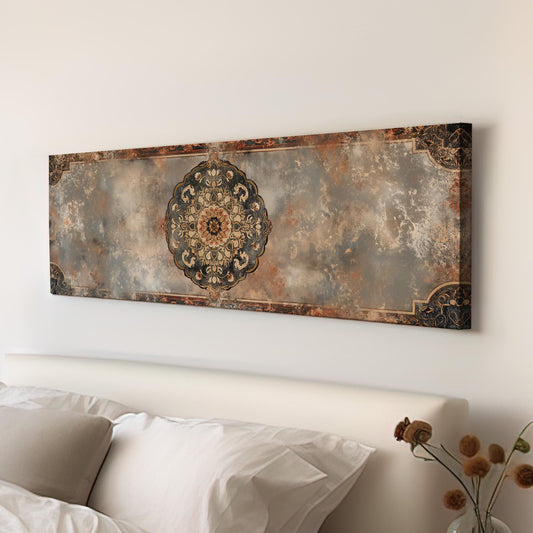 Distressed Tapestry Panoramic Wall Art for Above Bed, Panorama Moroccan Canvas Print, Boho Textile Decor Canvas Art