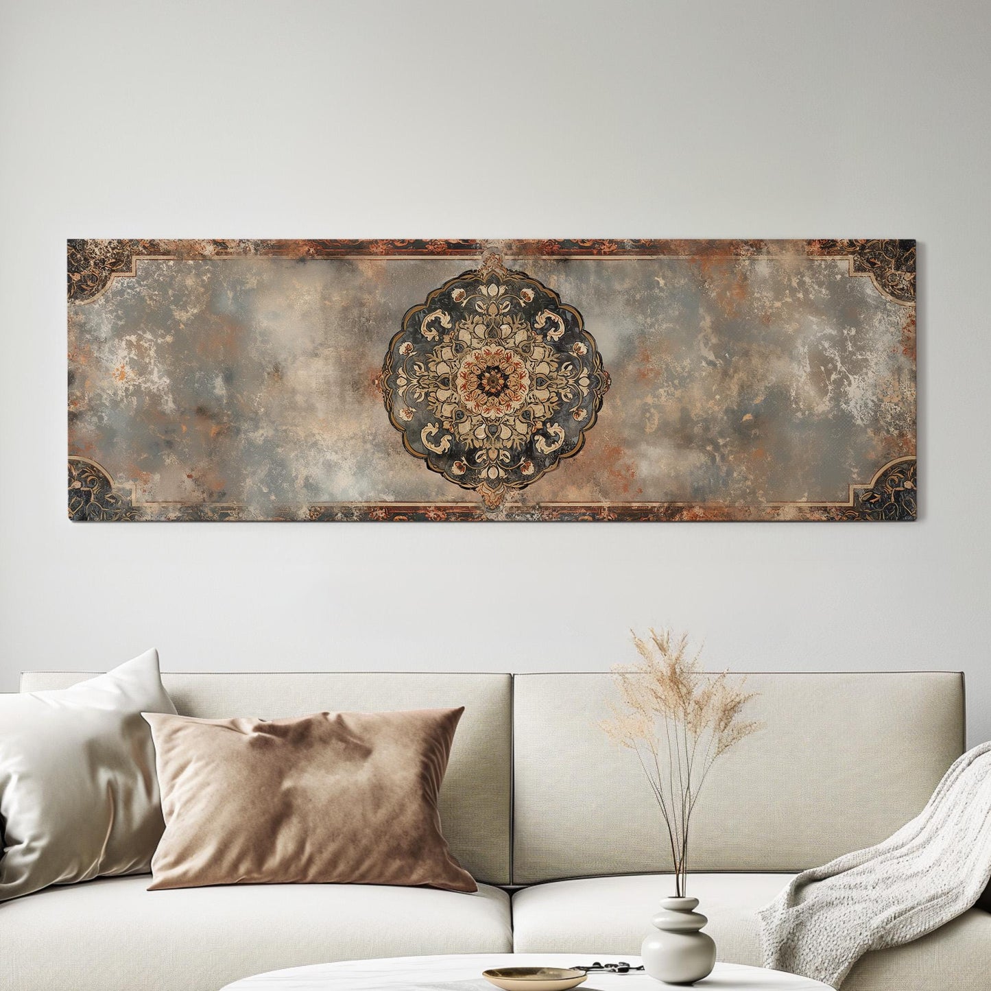Distressed Tapestry Panoramic Wall Art for Above Bed, Panorama Moroccan Canvas Print, Boho Textile Decor Canvas Art