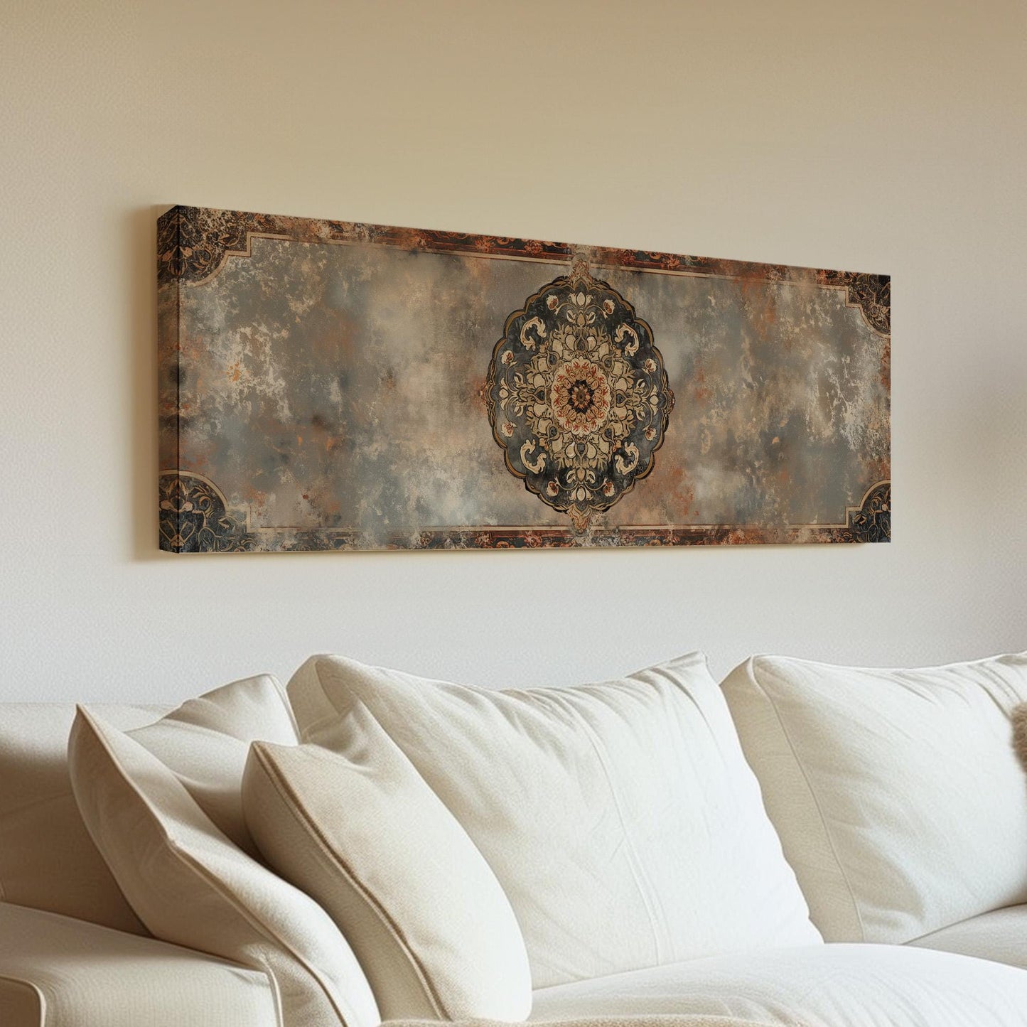 Distressed Tapestry Panoramic Wall Art for Above Bed, Panorama Moroccan Canvas Print, Boho Textile Decor Canvas Art