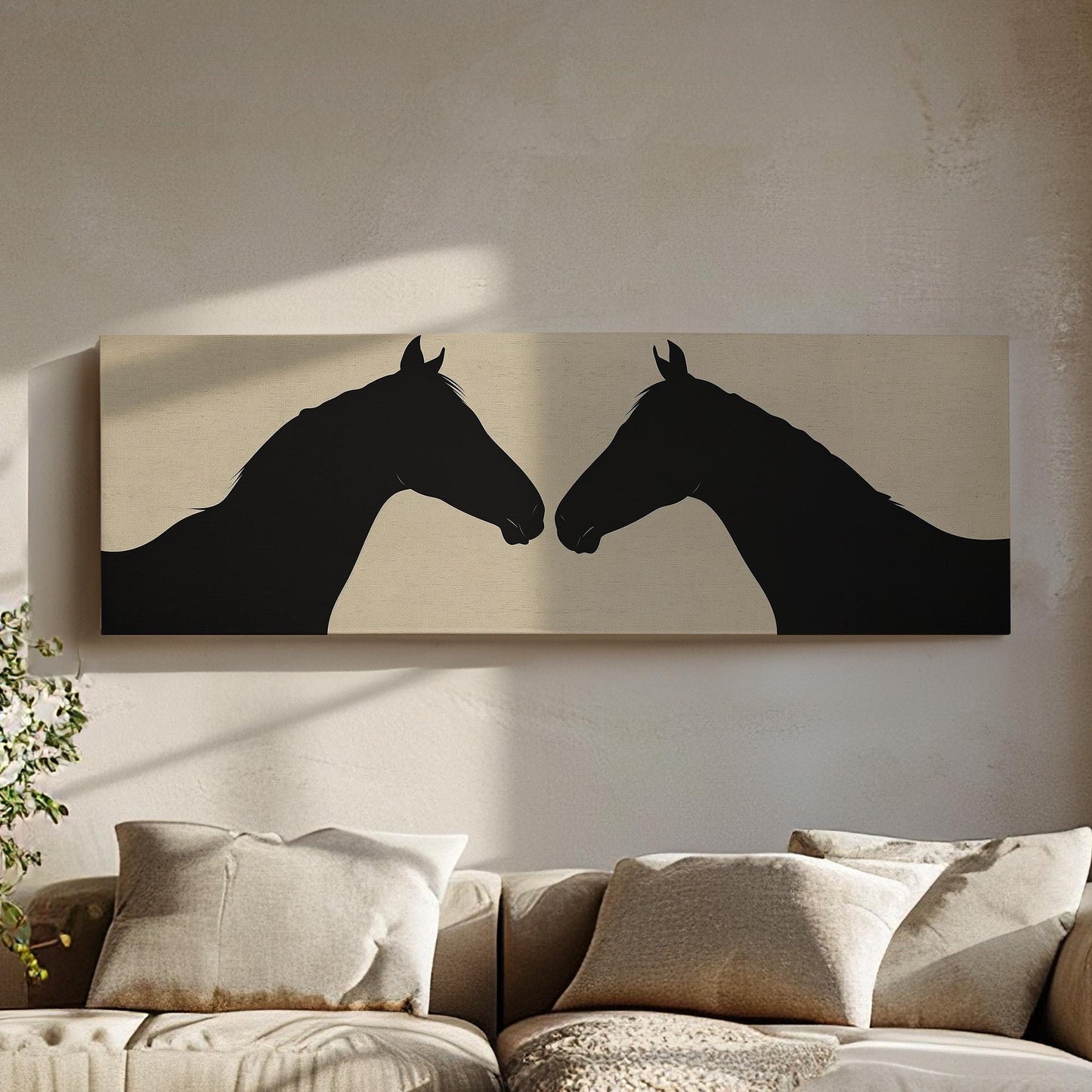 Cute Horse Couple Panoramic Wall Art Farmhouse, Panorama Animal Canvas Print, Horse Farm Decor Canvas Art