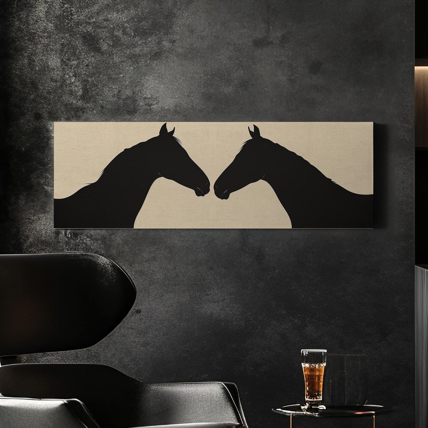 Cute Horse Couple Panoramic Wall Art Farmhouse, Panorama Animal Canvas Print, Horse Farm Decor Canvas Art
