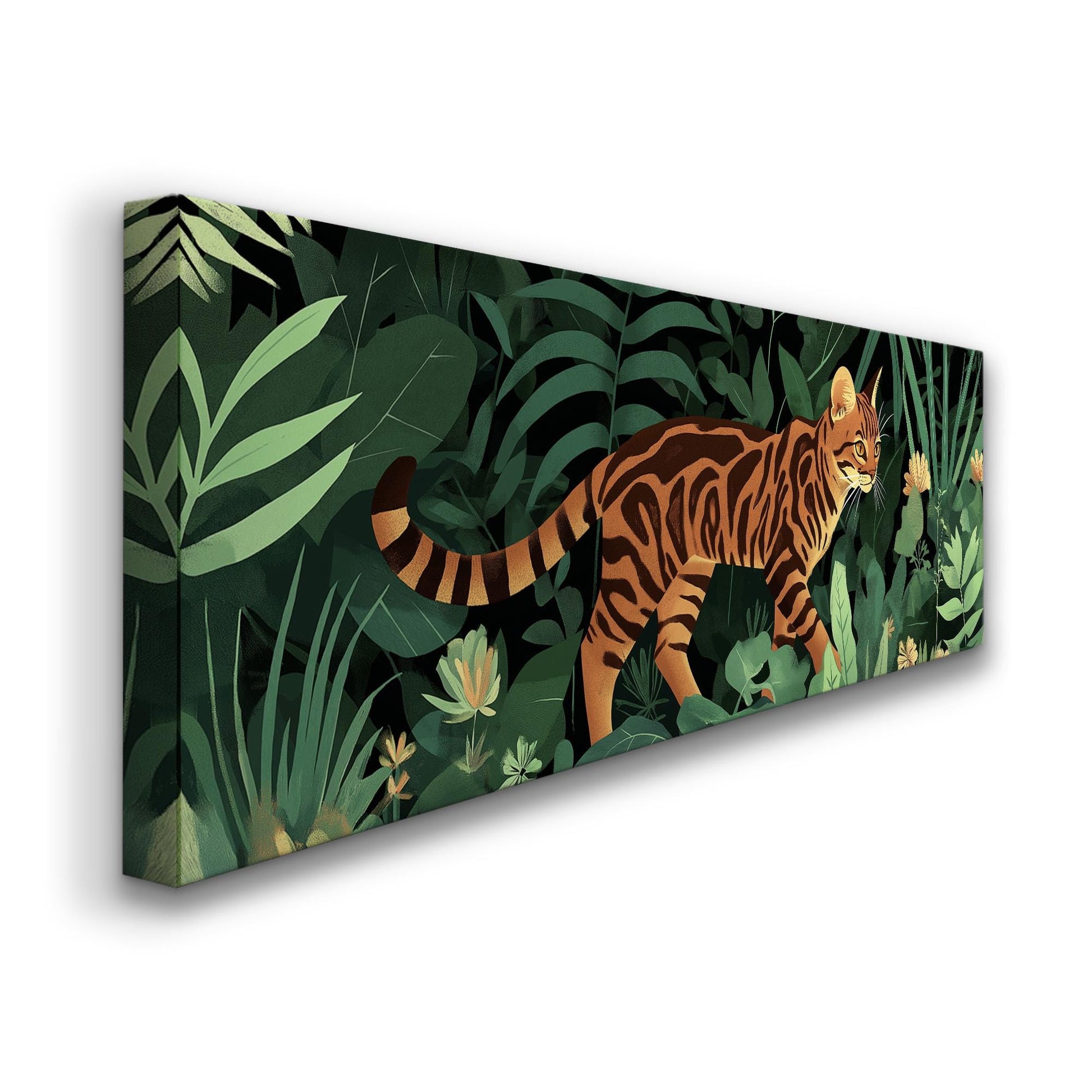 Cute Bengal Cat In The Woods Panoramic Wall Art Pet, Panorama Adorable Canvas Print, Minimal Decor Canvas Art