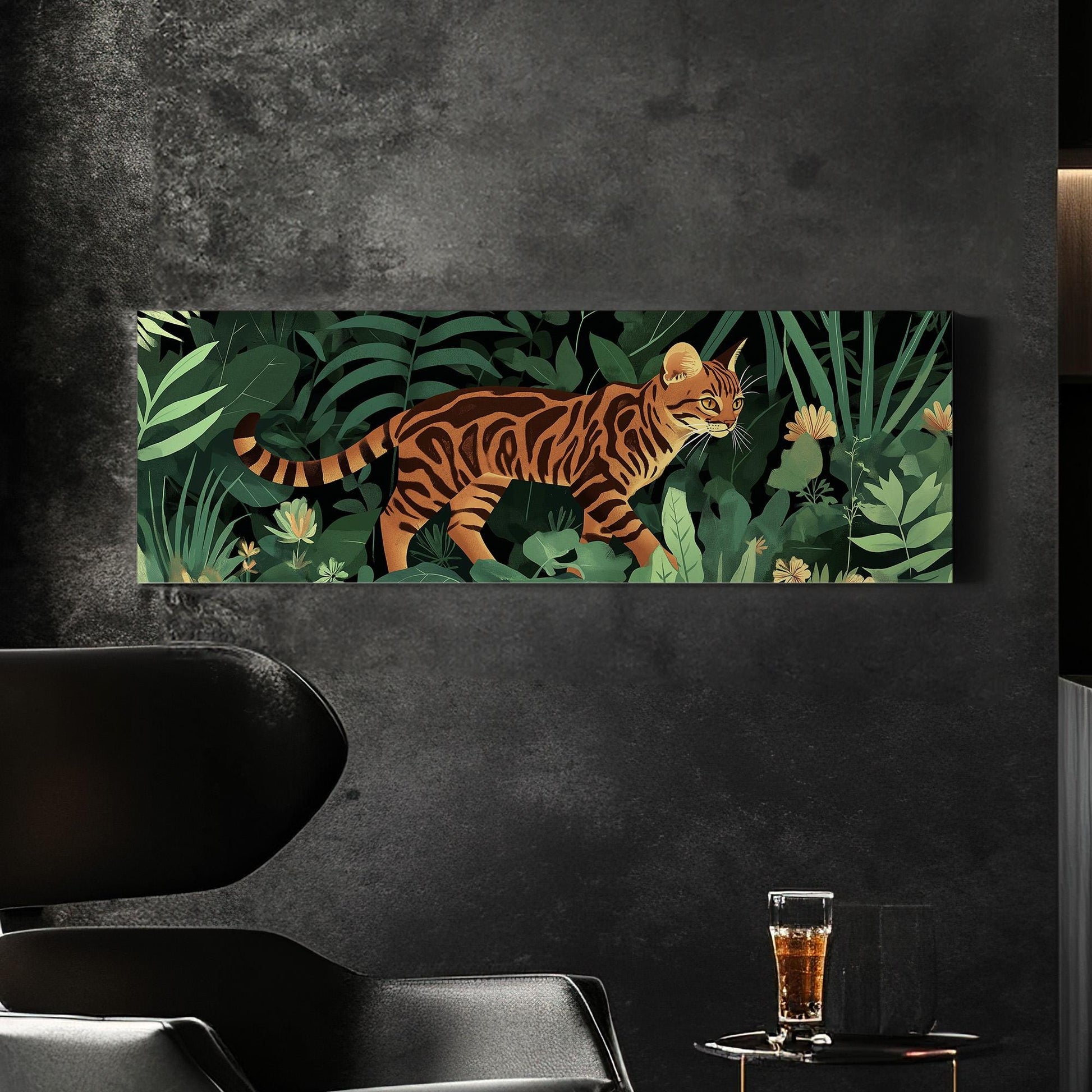 Cute Bengal Cat In The Woods Panoramic Wall Art Pet, Panorama Adorable Canvas Print, Minimal Decor Canvas Art