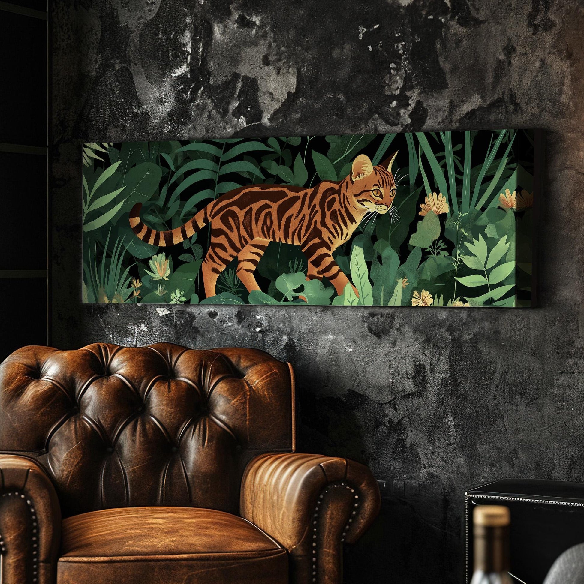 Cute Bengal Cat In The Woods Panoramic Wall Art Pet, Panorama Adorable Canvas Print, Minimal Decor Canvas Art